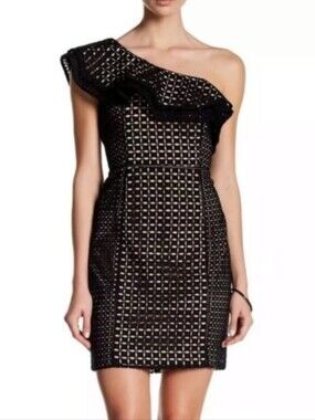 J. Crew Collection black ruffle one shoulder asymmetrical dress with a tan under